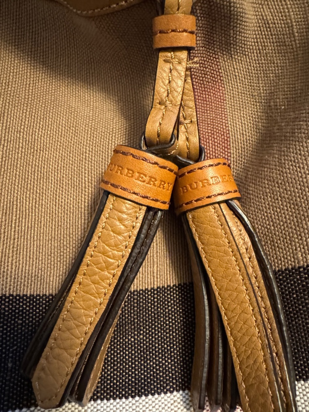 Burberry Tan and Beige Susanna Canvas Bucket Hobo Bag with Tassel Detail - Picture 6 of 9